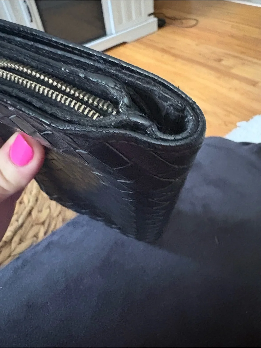 Bottega Veneta Black Embossed Leather wallet with chain